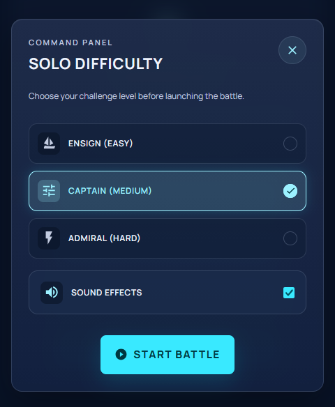 Single player Sea Battle game against computer with difficulty selection
